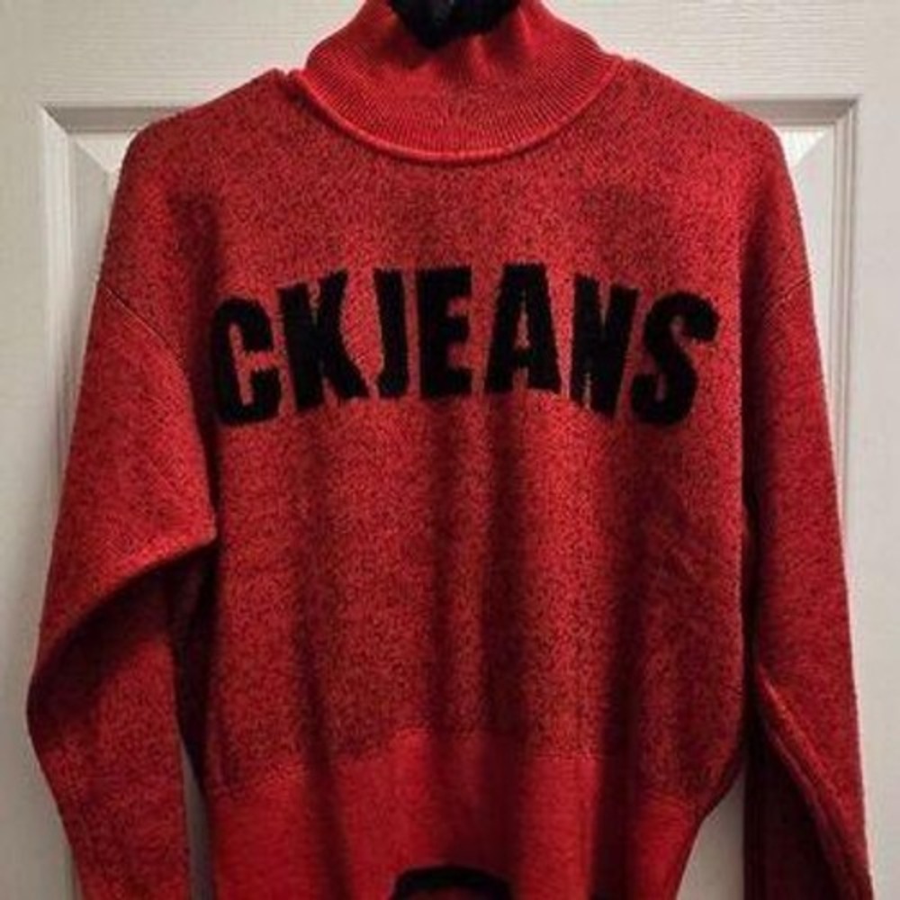 Calvin Klein Jeans Medium Mock Neck Sweater Red Black Logo Knit Streetwear
